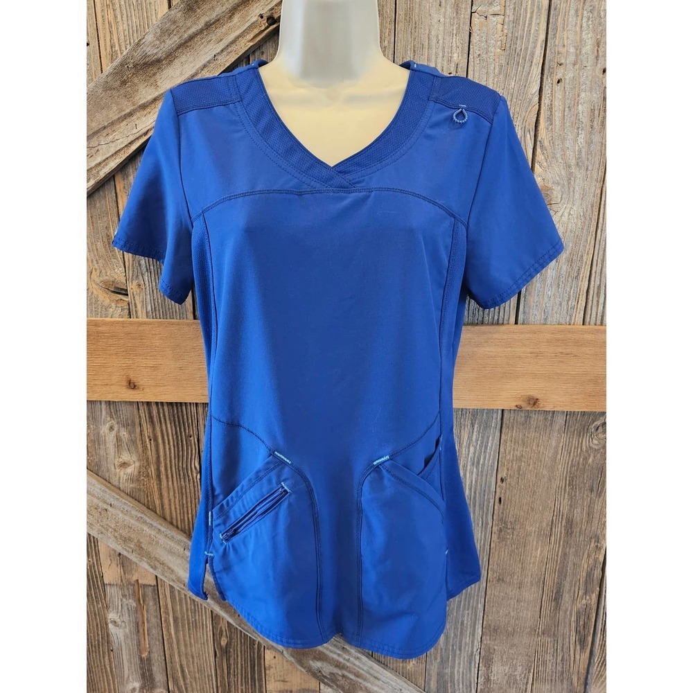 Scrubstar royal blue women scrub top EUC XS perchance scrubs zip pocket ^
